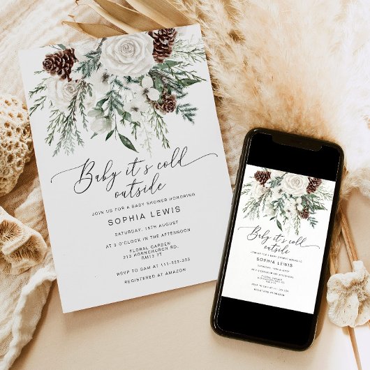 冬の常緑ベビーその冷たい外の赤ちゃんシャワー 招待状