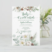 冬の常緑ベビーその冷たい外の赤ちゃんシャワー 招待状 (スタンド正面)