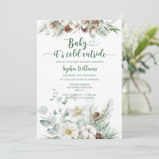 冬の常緑ベビーその冷たい外の赤ちゃんシャワー 招待状 (スタンド正面)