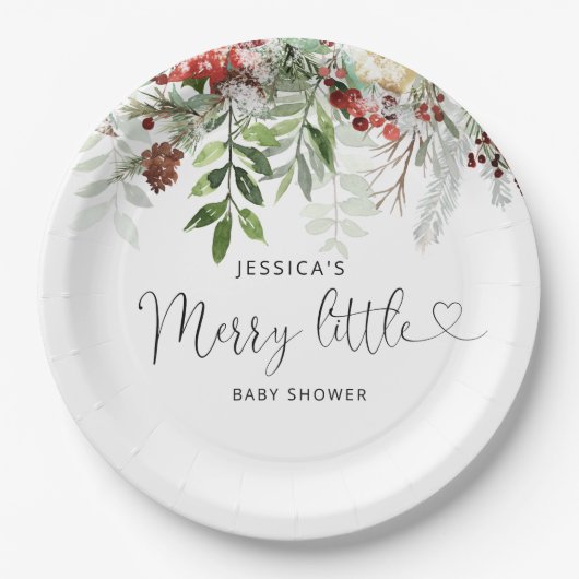 冬の常緑メリー小さな赤ちゃんシャワー ペーパープレート (正面)