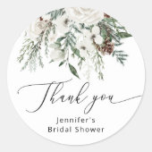 冬の常緑松の木のブライダルシャワー ラウンドシール (正面)