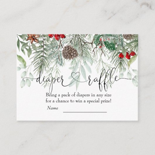 冬の常緑松の赤ちゃんシャワーおむつラッフル エンクロージャーカード (正面)