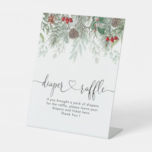 冬の常緑松の赤ちゃんシャワーおむつラッフル 台座サイン (正面)