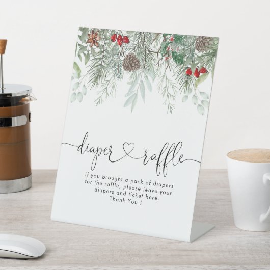 冬の常緑松の赤ちゃんシャワーおむつラッフル 台座サイン (インサイチュ)