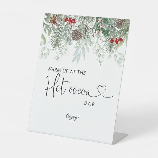 冬の常緑松の赤ちゃんシャワーホットココア 台座サイン (正面)