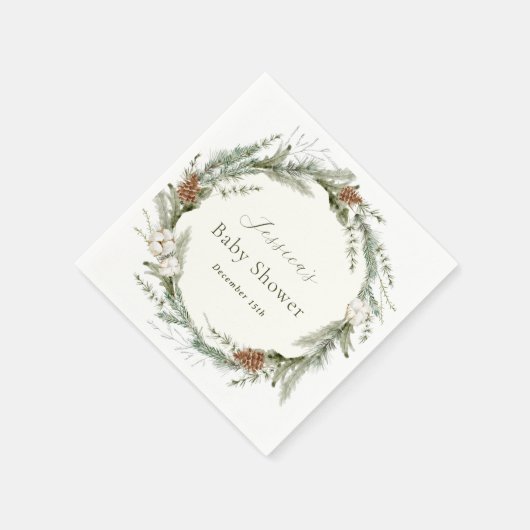 冬の常緑樹とコットンのベイビーシャワー スタンダードカクテルナプキン (角)