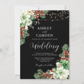 冬の常緑樹とベリー結婚ブラック 招待状 (正面)