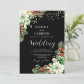 冬の常緑樹とベリー結婚ブラック 招待状 (スタンド正面)