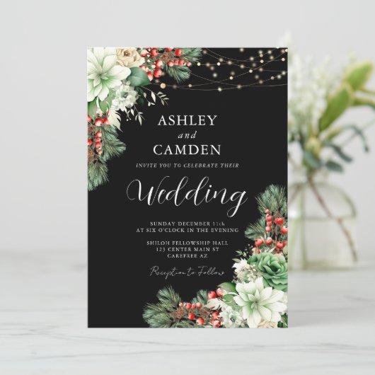 冬の常緑樹とベリー結婚ブラック 招待状 (スタンド正面)