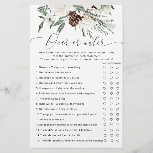 冬の常緑樹の上または下のブライダルシャワーゲーム (正面)