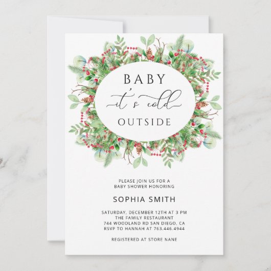 冬の常緑樹の外の赤ちゃんシャワー寒い 招待状 (正面)