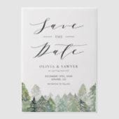 冬の常緑樹の森のウエディング Save the Date ベラム紙招待状 (正面)