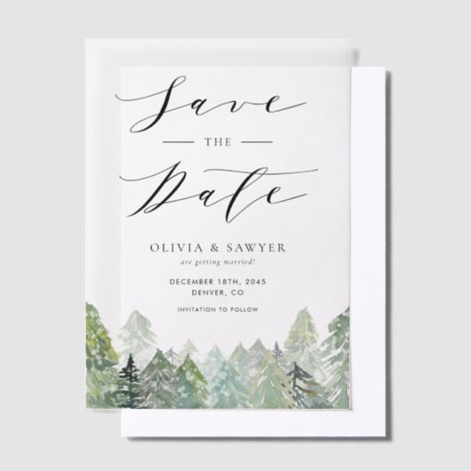 冬の常緑樹の森のウエディング Save the Date ベラム紙招待状 (オフセット)