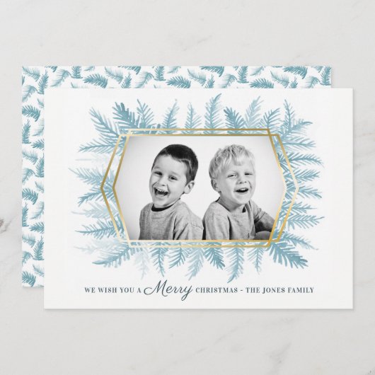 冬の常緑樹の水彩画ブルー シーズンカード (正面/裏面)