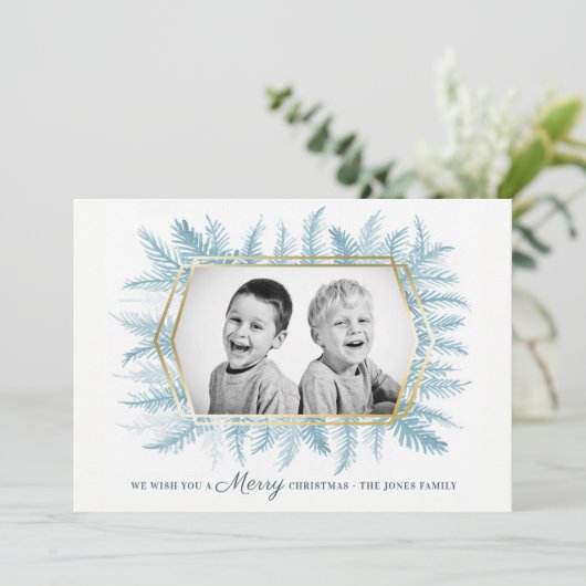 冬の常緑樹の水彩画ブルー シーズンカード (スタンド正面)