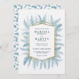 冬の常緑樹の葉の水色結婚青 招待状