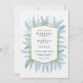 冬の常緑樹の葉の水色結婚青 招待状 (正面)