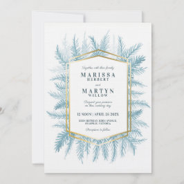 冬の常緑樹の葉の水色結婚青 招待状