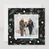 冬の常緑樹の葉フォトブラックスクエア シーズンカード (正面)