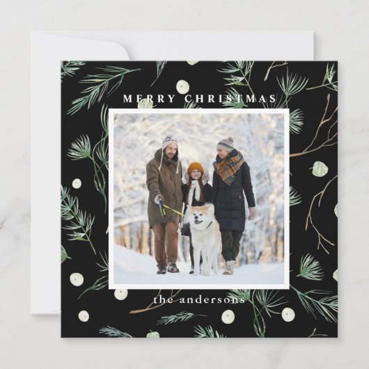 冬の常緑樹の葉フォトブラックスクエア シーズンカード (正面)