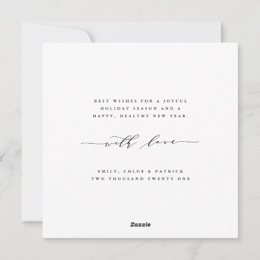 冬の常緑樹の葉フォトブラックスクエア シーズンカード (裏面)