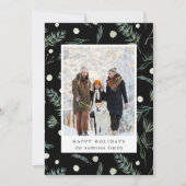 冬の常緑樹の葉フォトブラックホリデーカード シーズンカード (正面)