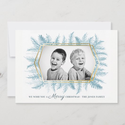 冬の常緑樹の葉、水彩の青 シーズンカード (正面)