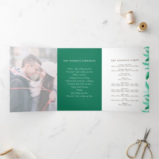 冬の常緑緑の松の写真の冬の結婚式 三つ折りプログラム (内部)