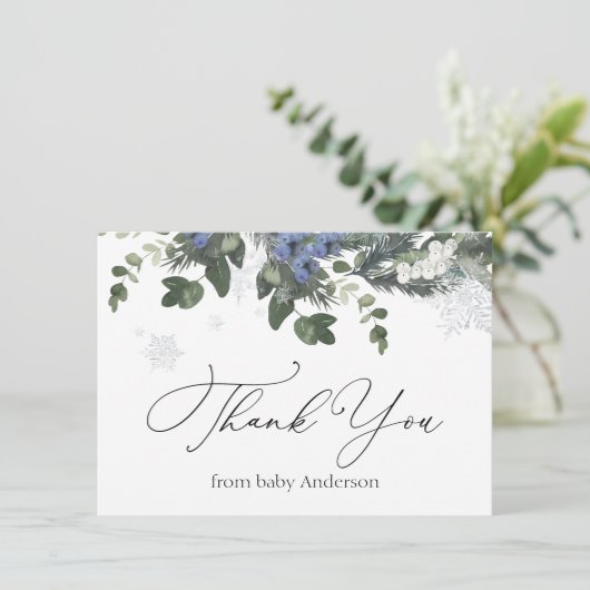 冬の常緑青赤ちゃんシャワー感謝祭 サンキューカード (スタンド正面)