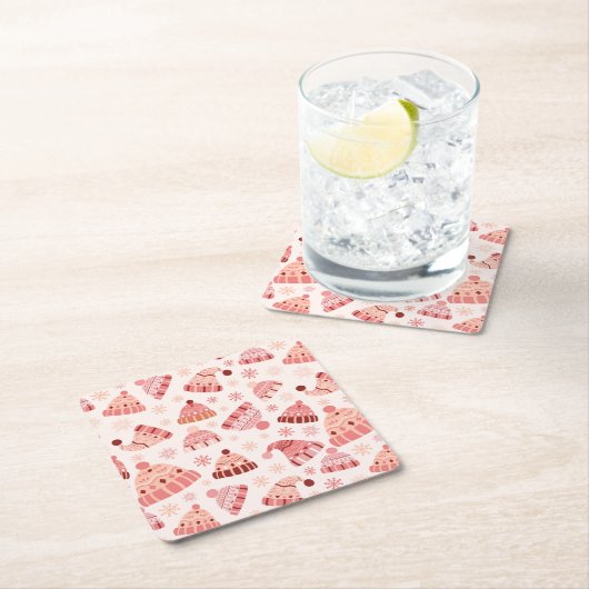 冬の帽子とミッテンス スクエアペーパーコースター (インサイチュ)