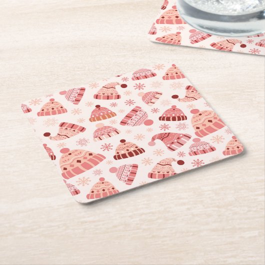 冬の帽子とミッテンス スクエアペーパーコースター (アングル)