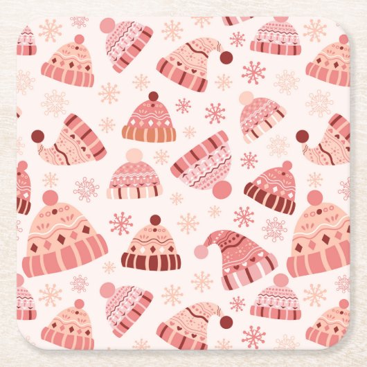 冬の帽子とミッテンス スクエアペーパーコースター (正面)
