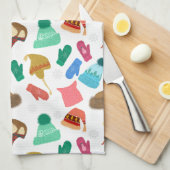 冬の帽子とミトン – 手書き キッチンタオル (四つ折り)