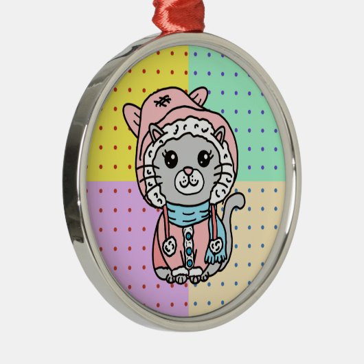 冬の帽子に描かれた手描きの猫ネコ メタルオーナメント (右)