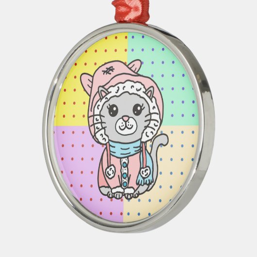 冬の帽子に描かれた手描きの猫ネコ メタルオーナメント (左)