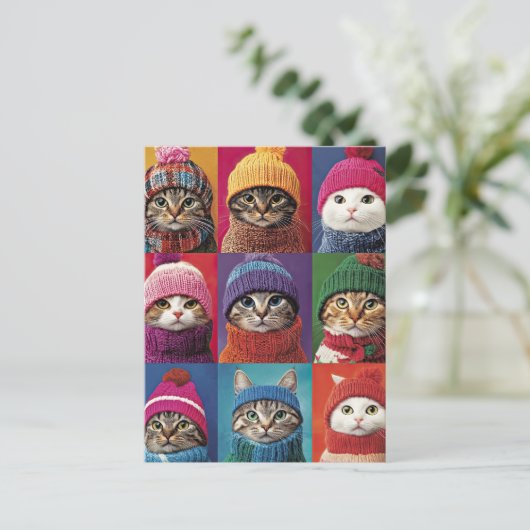 冬の帽子のかわいい猫たちがクリスマスペットをスカーフ ポストカード (スタンド正面)