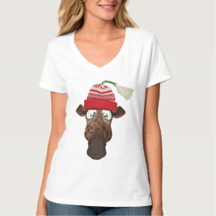 冬の帽子のかわいくお洒落なキリン Tシャツ
