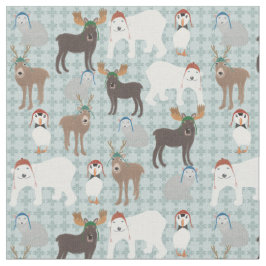 冬の帽子の北極の動物クリスマス ファブリック
