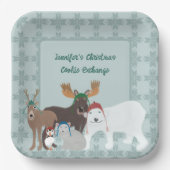 冬の帽子の北極動物クリスマスパーティー ペーパープレート (正面)