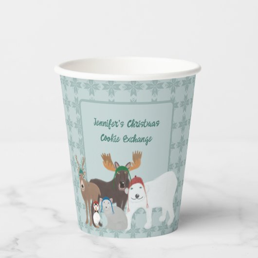 冬の帽子の北極動物クリスマスパーティー 紙コップ (正面)