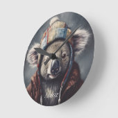 冬の帽子をかぶったかわいいコアラ カスタムネーム ラウンド ラウンド壁時計 (傾斜)