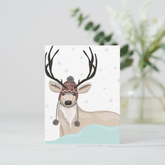 冬の帽子をかぶったかわいい鹿 シーズンポストカード (スタンド正面)