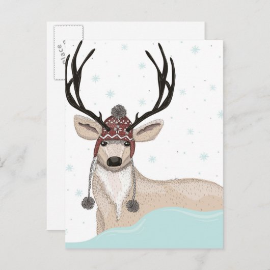冬の帽子をかぶったかわいい鹿 シーズンポストカード (正面/裏面)