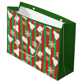 冬の帽子、クリスマスのミトン、白い雪 ラージペーパーバッグ