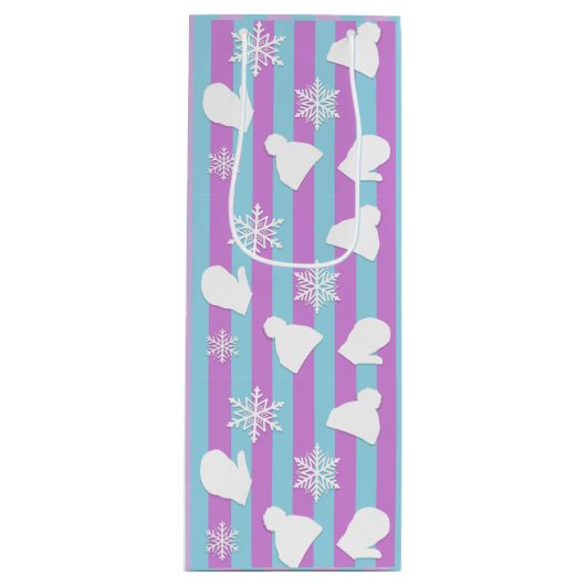 冬の帽子、クリスマスのミトン、白い雪 ワインギフトバッグ (正面)