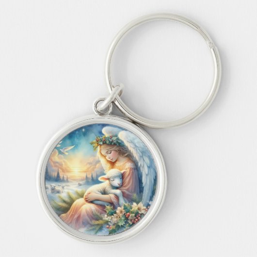 冬の平和に子羊とクリスマスエンジェル キーホルダー (正面)