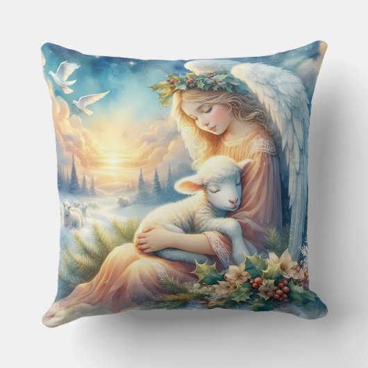 冬の平和に子羊とクリスマスエンジェル クッション (裏面)