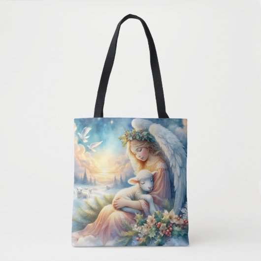 冬の平和に子羊とクリスマスエンジェル トートバッグ (正面)