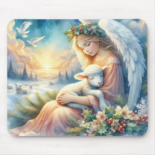 冬の平和に子羊とクリスマスエンジェル マウスパッド (正面)