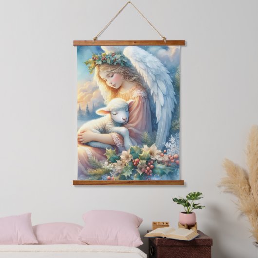 冬の平和に子羊とクリスマスエンジェル 吊り下げ型タペストリー (寝室)